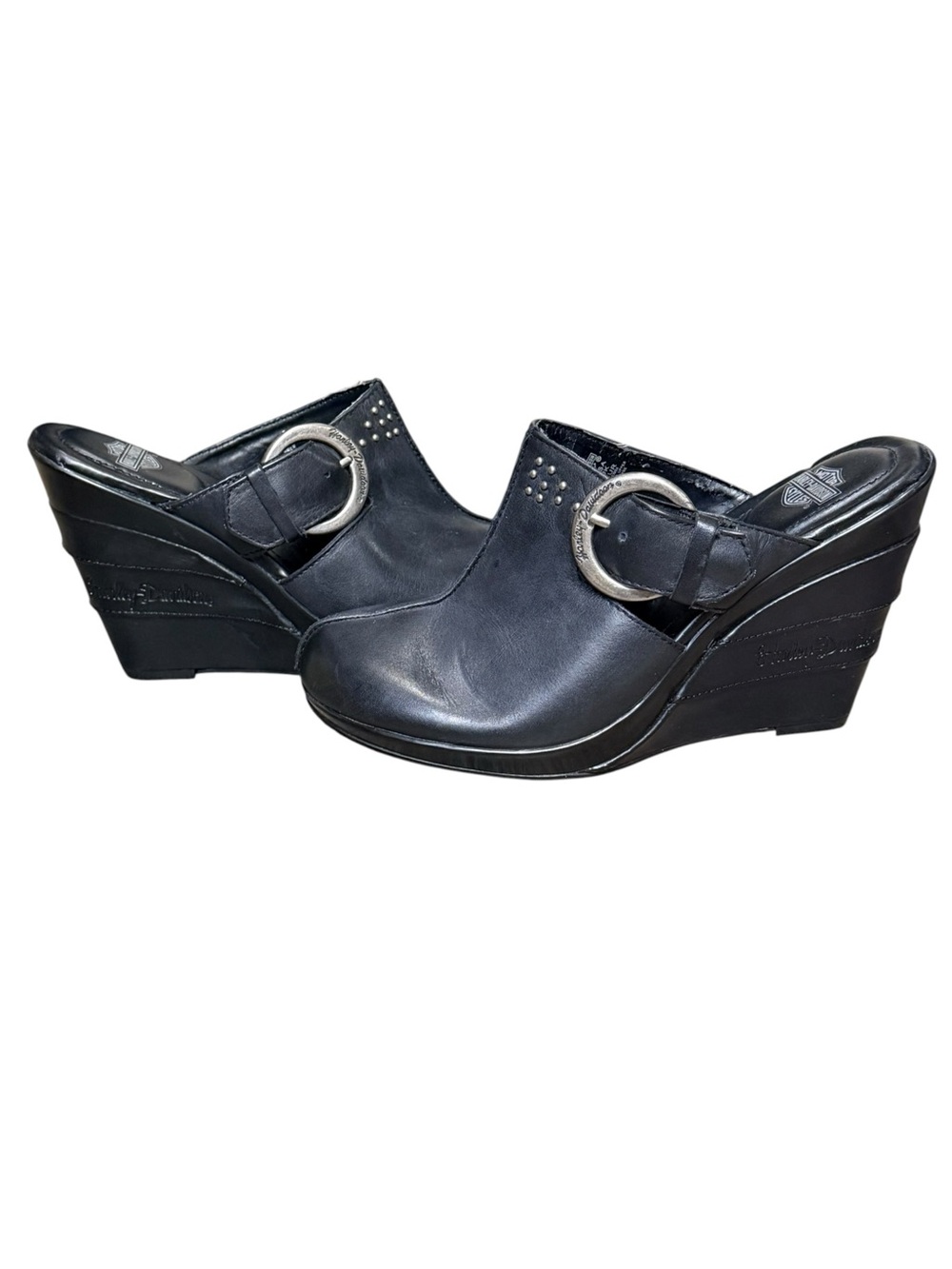 Harley-Davidson Leather Wedge Mule Clogs Black Studded Buckle Women’s 7 - Picture 5 of 13